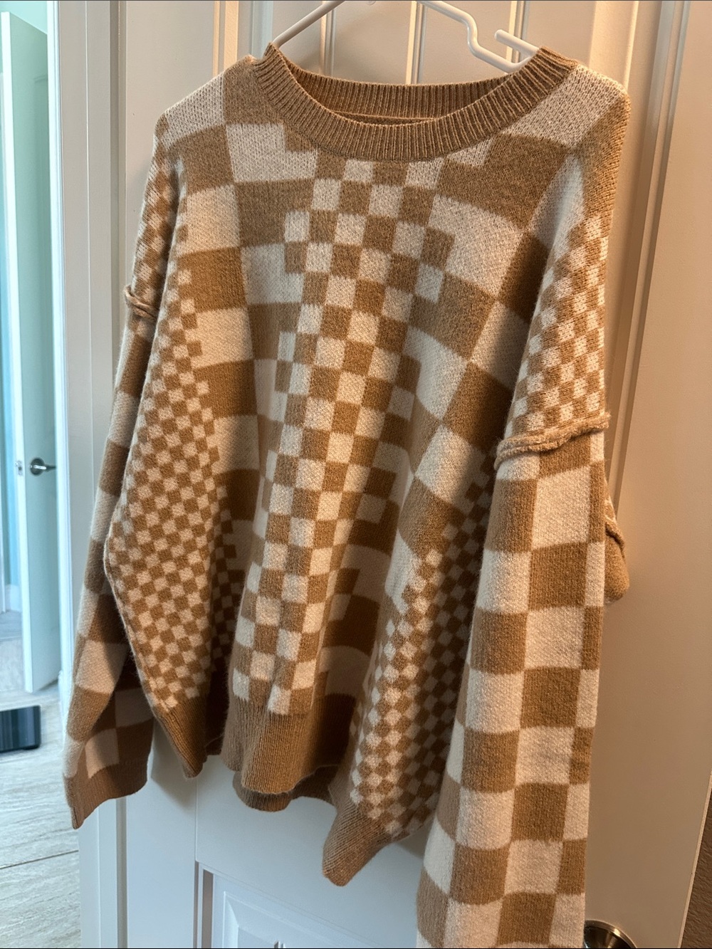 Cream and Tan Checkered Crewneck Sweater
